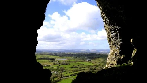View form the cave on Irish meadows in time lapse Stock Footage 71731447