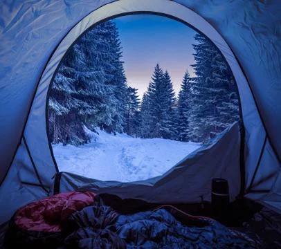 View form tent to forest full of snow in Tatras Stock-Fotos