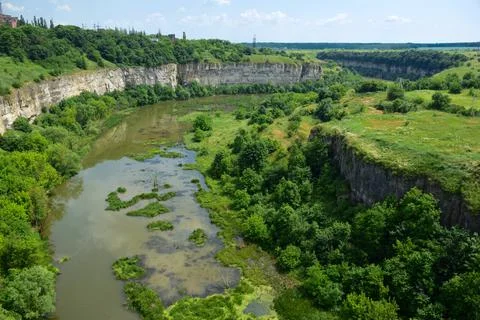 View of the former river that has become a swamp. The sides are overgrown Stock Photos