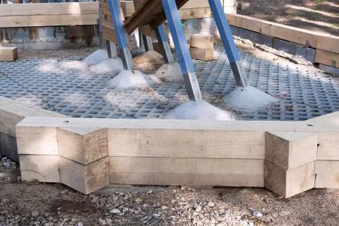View of the formwork and concrete structural elements at the construction site. Stock Photos