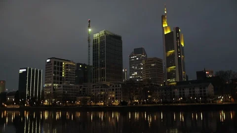 View of Frankfurt from the Riverside at night Stock Footage 106563226