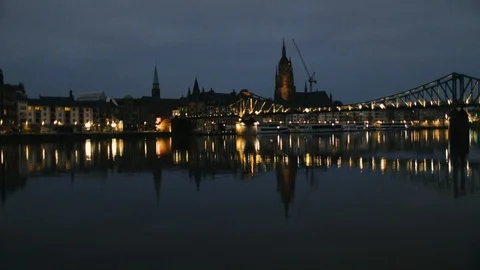 View of Frankfurt from the Riverside at night Stock Footage 106563721