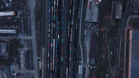View of a freight railway junction from the height flight Stock Footage 252033322