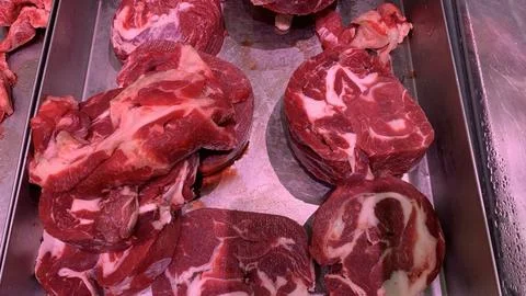 View of fresh raw beef cuts on tray Stock Photos