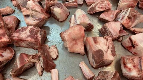 View of fresh raw beef cuts on tray Stock Photos