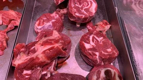 View of fresh raw beef cuts on tray Stock Photos