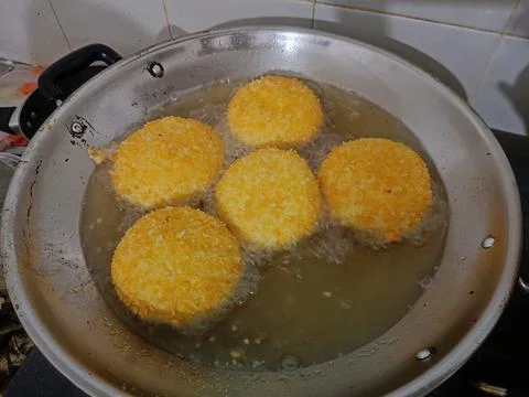 View of fried bread filled with minched meat Stock Photos