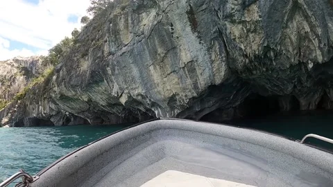 View from the front of the boat entering Marble cave, caverns in Chile Chico Stock Footage 130662646