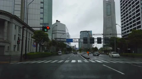 View by front car on a rainy day in Yokohama, Minato Mirai, on board video. Stock Footage 131349105