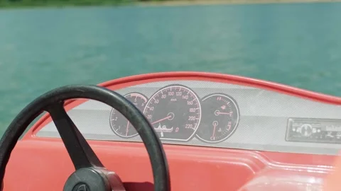 A view of the front of a catamaran, focusing on the steering wheel used for navi Stock Footage 279163225