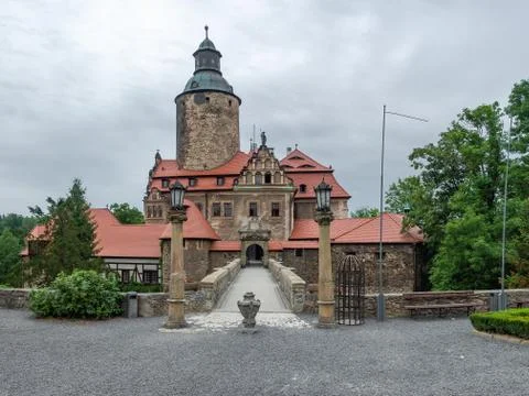 View of the front of Czocha Castle on the cloudy evening. Stock Photos