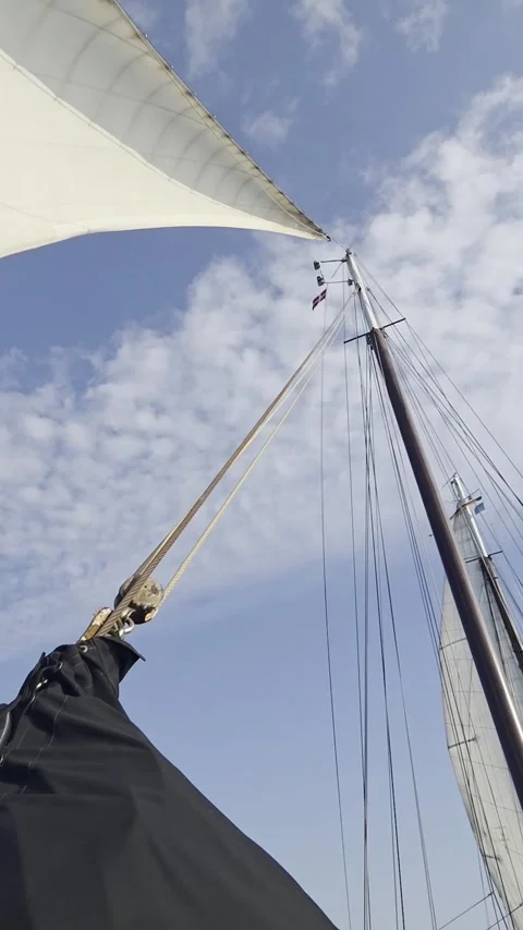 View from the front deck of ship mast and rigging, classic two-masted sailing Stock Footage 336929091