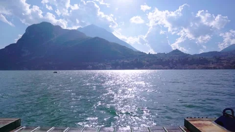 View from front of Ferry crossing Lake Como Italy arriving at mountain Video stock 277597184