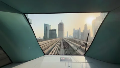 View from front of metro train in Dubai at sunset, United Arab Emirates Stock Footage 334124861