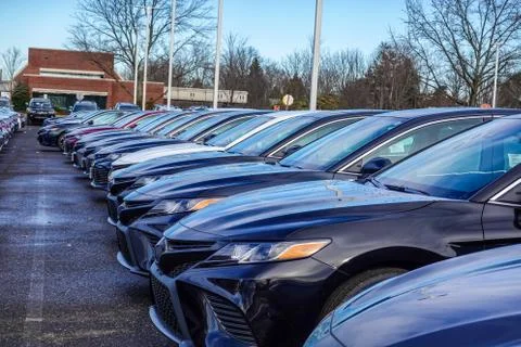 View of the fronts of a row of various colored new cars in a parking lot Foto stock