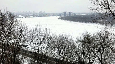 View of the frozen Dnipro river during winter. Handheld stabilized shot Video stock 71298084