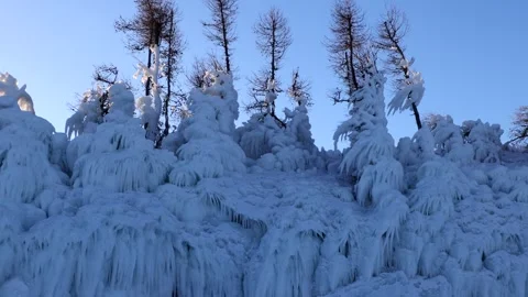 View of frozen trees and ice formations at Lake Baikal, Russia. Video stock 343672742