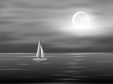View to full moon at the night time on sea with yacht. Lunar reflection on the Stock Illustration