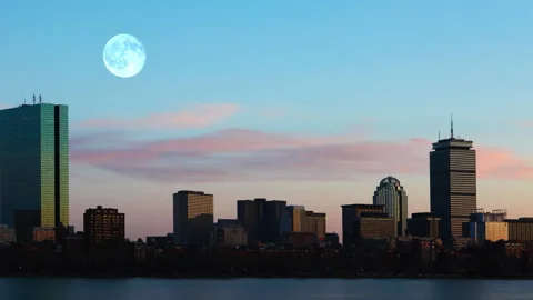 View of full moon rising over Boston, Massachusetts, United States, exclusive Stock Footage 171414548