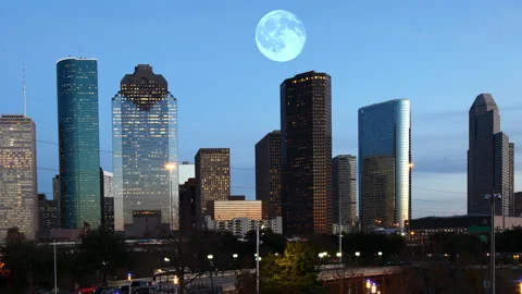 View of full moon rising over Houston, Texas, United States, exclusive timela Stock Footage