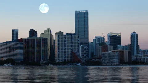 View of full moon rising over Miami, Florida, United States, exclusive timela Stock Footage 171416267
