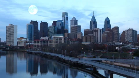 View of full moon rising over Philadelphia, Pennsylvania, United States, excl Stock Footage 171417324