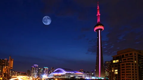 View of full moon rising over Toronto, Ontario, Canada, exclusive timelapse 4 Stock Footage 171418229