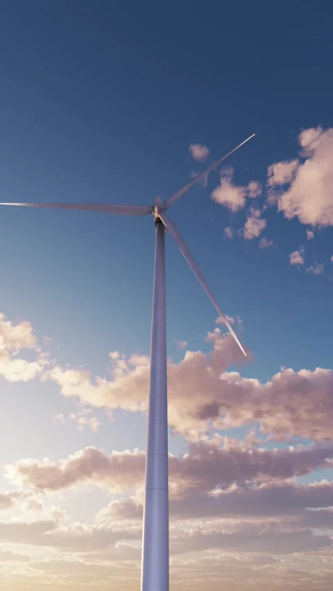 View of a functioning wind turbine against a sunset sky. 3D render Stock Footage 295368124