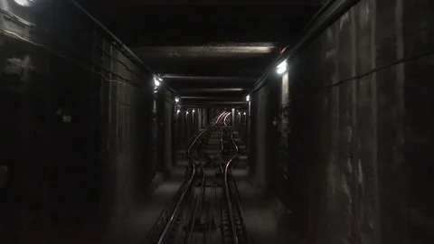 View of funicular wagon meeting point on Barcelona underground POV lift railways Stock Footage 82372350
