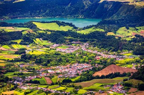 View of Furnas Village in So Miguel Island, Azores, Portugal. View of Furnas  Stock Photos
