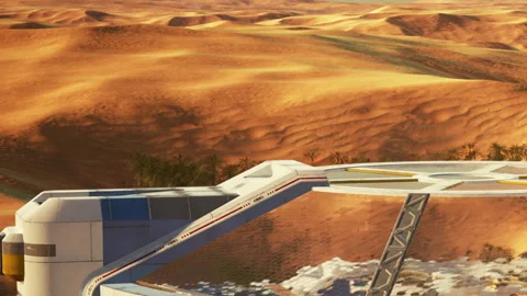View of a futuristic base on a distant planet under a clear sky Stock Footage 343495307