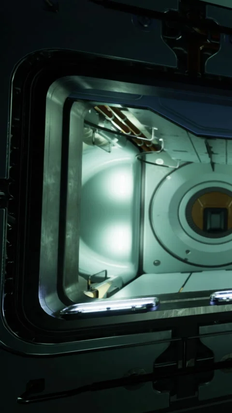View of a futuristic door in a high tech facility at night Stock Footage 332211614