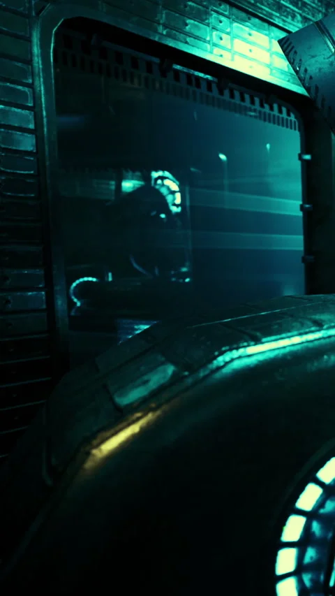 View of a futuristic machine in a dimly lit sci fi environment Stock Footage 334265162