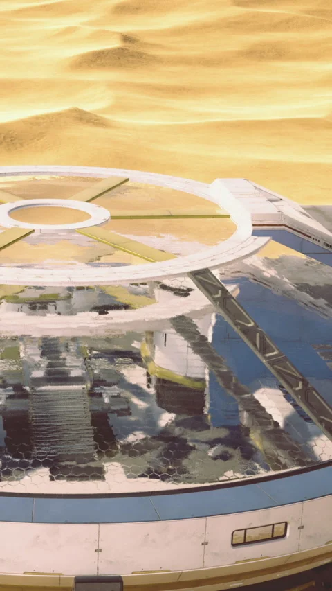 View of a futuristic platform overlooking a sandy landscape during daylight Stock Footage 334172244