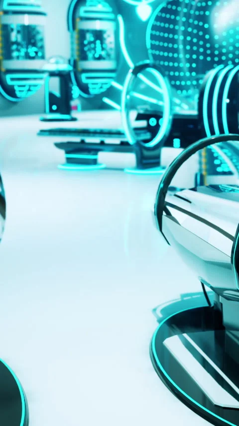 View of futuristic technology display in a modern setting with bright lights Stock Footage 341984624