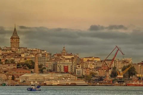 View of Galata Tower From a Cloudy day, yellow filter applied Foto stock