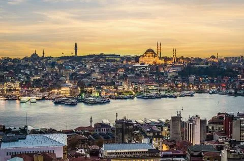 View from Galata Tower at sunset across Golden Horn in Istanbul, Turkey. Su.. Stock-Fotos
