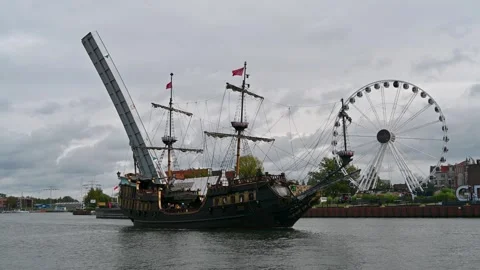 View of the Galeon Lew ship replica in Gdansk Stock Footage 337889463