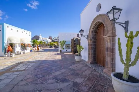 View of gallery entrance and shops in Rubicon Marina, Playa Blanca, Lanzarote, Stock Photos