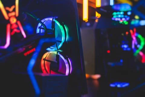 View of Gaming PC with rgb led lights, powerful high end personal computer,.. Stock Photos