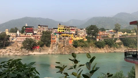 View of the Ganges River and Rishikesh Stock Footage 120215541