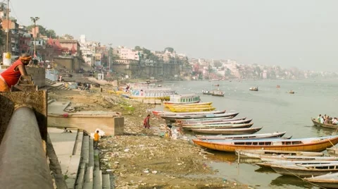 View at Ganges	river in Varanasi, India Stock Footage 64128344