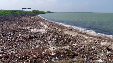 View of a garbage filled coastal area near the ocean Stock Footage 328800422
