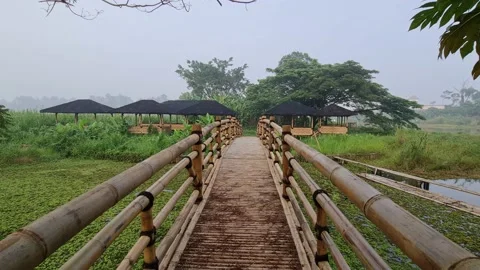 View of the gazebo through bamboo bridge Stock Footage 159439272