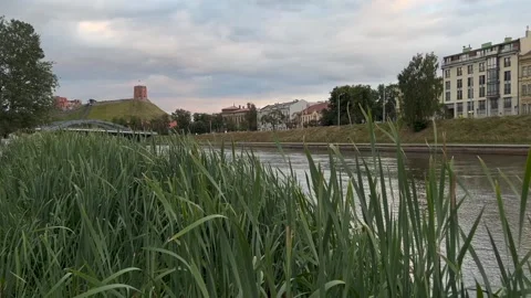 View on Gediminas Castle Tower from Neris river bank in Vilnius Stock Footage 209239379