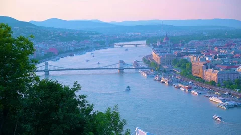 The view from Gellert Hill across the Danube River in Budapest, Hungary. Stock Footage 113657776