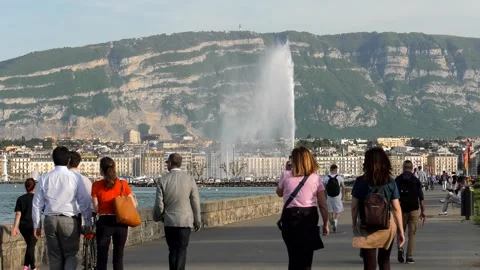 View of Geneva Rive Gauche and the Jet d'Eau Stock Footage 303107935