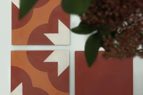 View from on geometric pattern made floor tiles blurred background outdoor plant Stock Photos