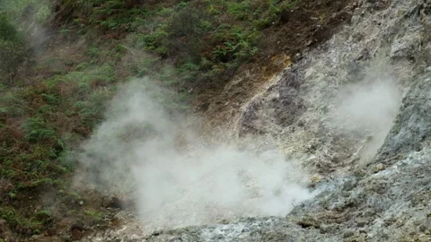 View of a geothermal field that emits hot steam Stock Footage 319908233