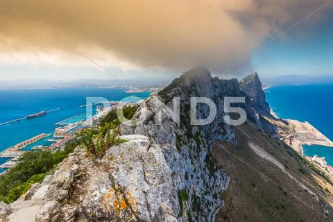 View of the Gibraltar rock from the Upper Rock Stock Photos